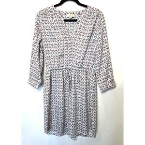 Loft Outlet Floral Print Tie Waist 3/4 Sleeve Dress Medium Split Neck White Pink